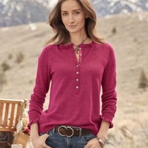 Sundance Catalog Edwina Ruffle Neck Henley Knit XL Pink